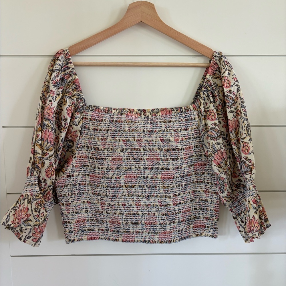 Talisman Square Neck Lotus Floral Print Smocked Firelight Cropped Top NWT - Picture 4 of 4
